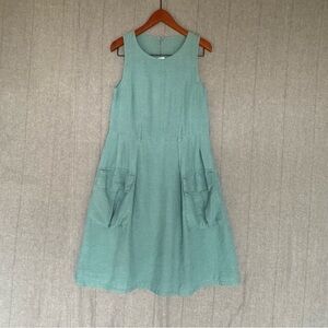 Dress Me Linen 100% Linen Aqua Green Sleeveless Lagenlook Boho Midi Dress Size S